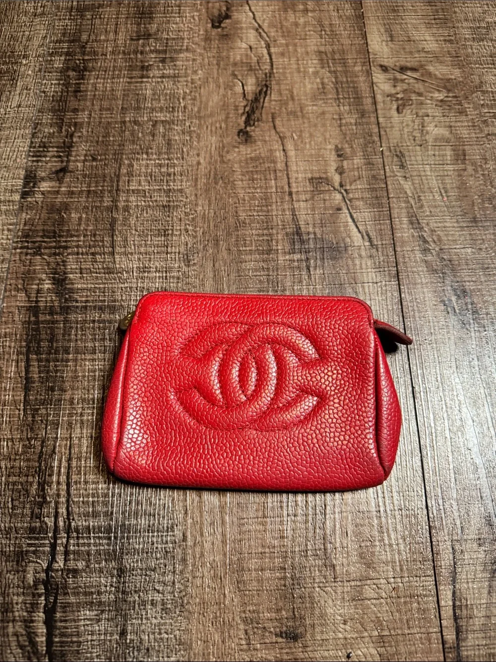 Vintage red Chanel caviar leather mini pouch